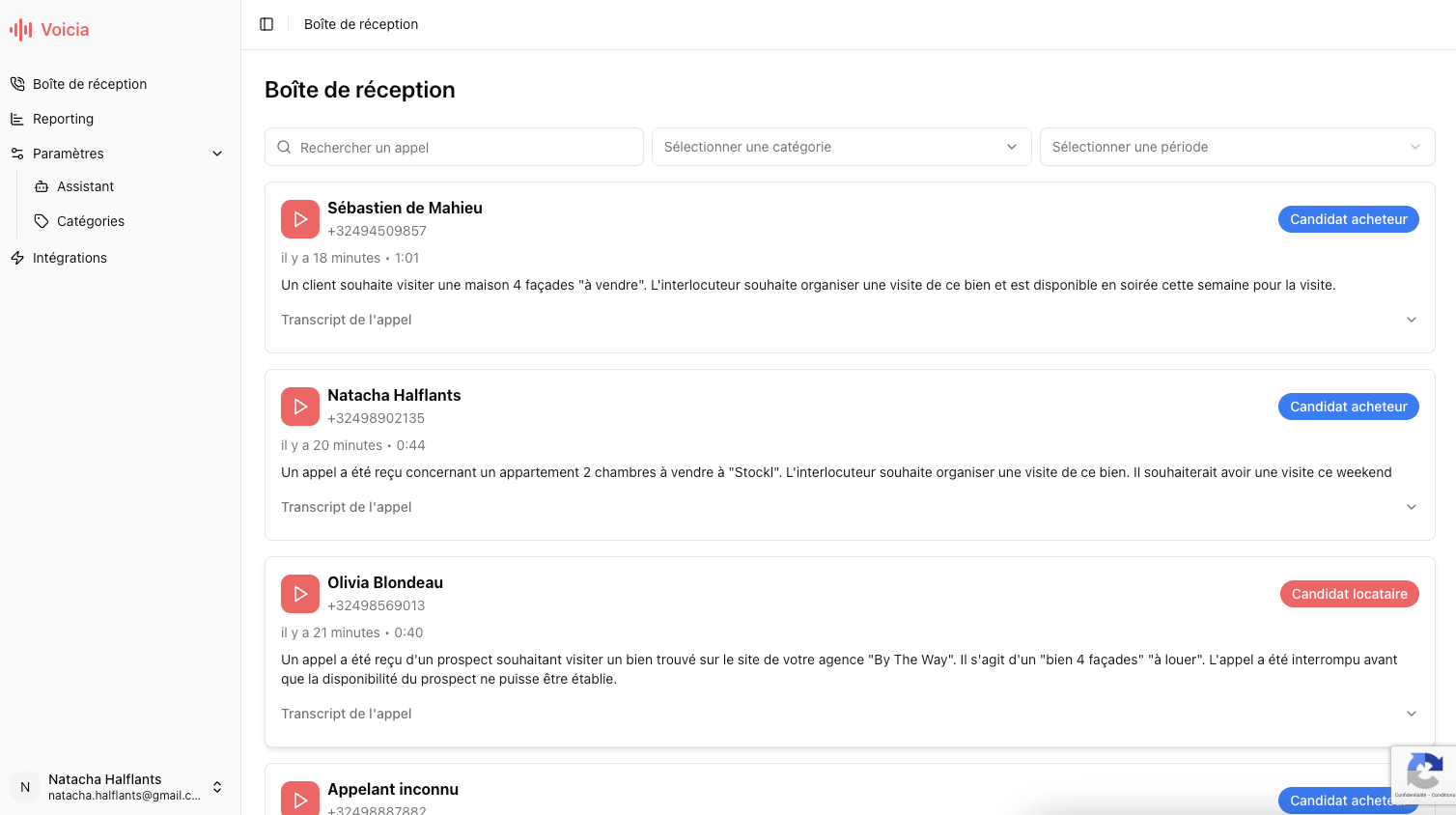 Screenshot of the Voicia dashboard interface
