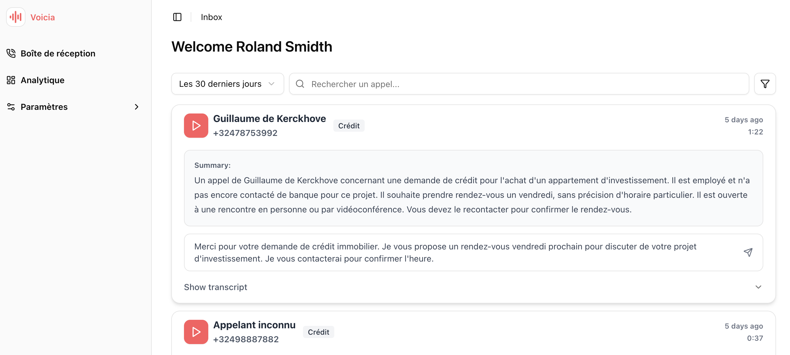 Screenshot of the Voicia dashboard interface